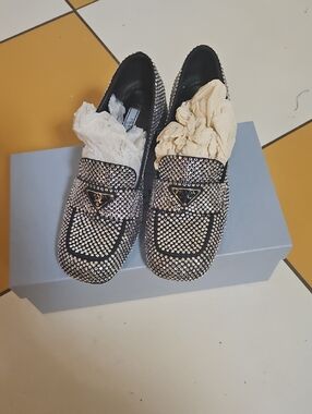 Prada Black Loafers with Silver Crystal Studs